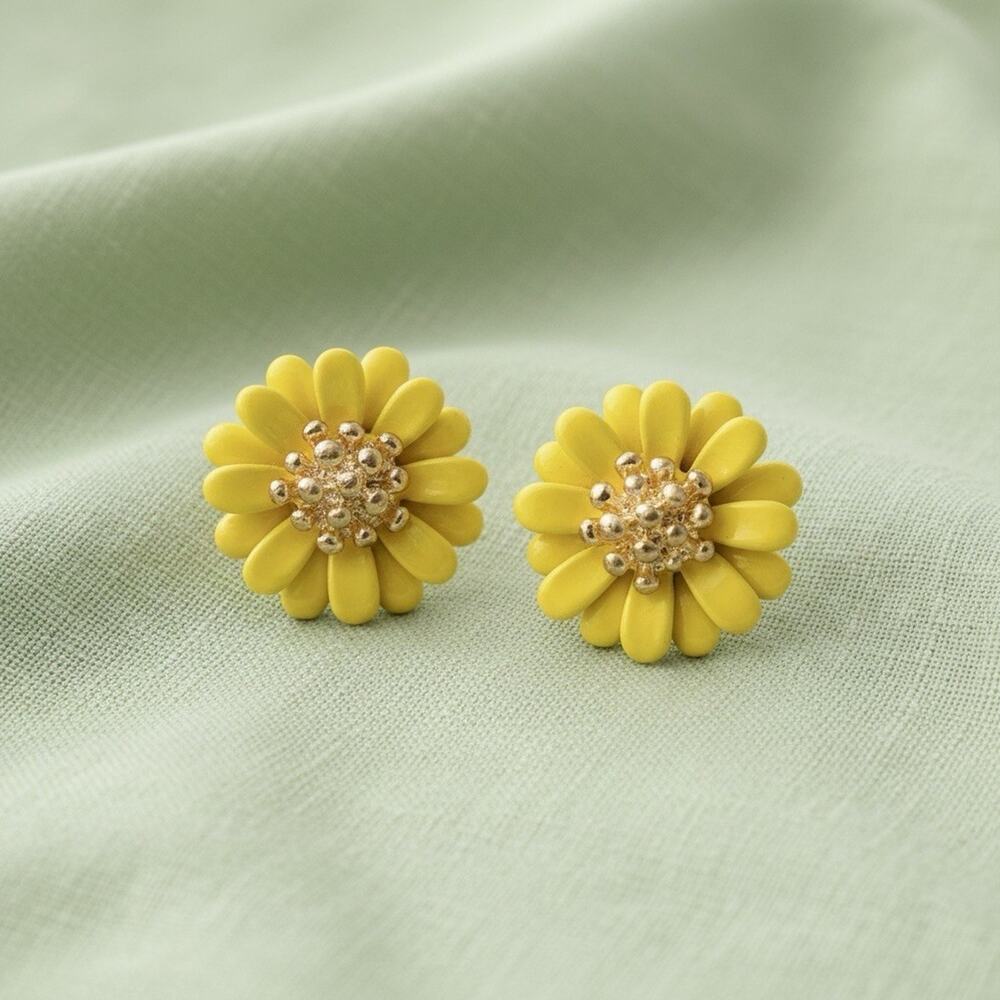 Piper K Daisy Flower Earrings Sunflower Yellow Orange Stud Enamel Boho Pastoral